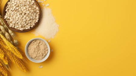 wheat flour, oats, corn and wheat ears are arranged in a close-up view on a vibrant yellow background. this visually striking image is perfect for narrative-driven visual storytelling and bold color combinations. the aerial view showcases the raw versus finished ingredients, making it an ideal fit for websites like quantumpunk that value flat forms. ai generatedの素材