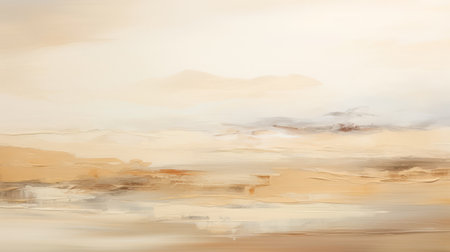 abstract painting of windswept landscape and sand dunes, featuring a soft color blending of light beige and light amber. the artist's gestural brushstrokes create blurred landscapes, evoking an atmospheric and moody ambiance. the earth tone color palette adds to the overall sense of tranquility. this panoramic-scale artwork captures the essence of nature's beauty in a unique and captivating way. ai generatedの素材