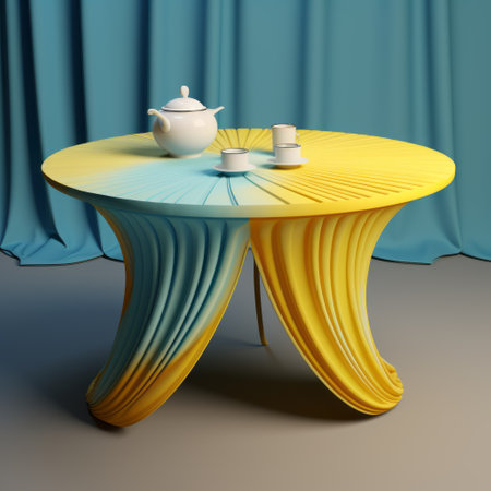 the 3d model of a table combines organic and machinery elements in a unique design. the color scheme includes unmellow yellow and lemon chiffon, with radiating lines in lemon chiffon and turquoise-blue. the overall aesthetic is complemented by palm and brown tones, creating a visually striking piece. ai generatedの素材