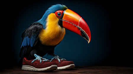 a vibrant toucan with bright blue and orange feathers stands out in this conceptual photograph. the hyper-realistic portraiture captures the bird's unique personality, while the dark crimson and yellow background adds depth to the image. the toucan wears shoes, adding an unexpected element to the composition. this captivating photograph showcases the talent of a documentary photographer and has won a prestigious contest. experience the stunningの素材