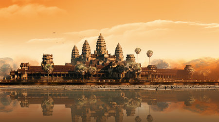 angkor wat, a stunning architectural marvel, rises majestically above lush green hills. this spatial concept art masterpiece showcases a captivating blend of dark orange and light beige hues. mirrored realms reflect its beauty, while hyper-realistic water adds to the enchantment. explore this ultra hd wonder adorned with intricate cityscapes, embodying the essence of kimoicore. ai generatedの素材