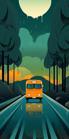 minimalist orange bus illustration with 4 spot colors - orange, dark orange, blue-green, and dark blue-green. the bus drives through a blue-green forest in the rain, with exaggerated perspective. ai generatedの素材