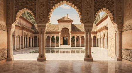 courtyard in a spanish palace, featuring realistic hyper-detailed rendering and 8k resolution. the design showcases islamic art and architecture, with smooth and curved lines creating an atmosphere of serenity. the grandiose architecture reflects the influence of hurufiyya, offering a captivating visual experience. ai generatedの素材