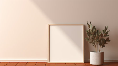 potted plant and poster frame in empty white room, 3d rendering illustration with muted earth tones, light pink and brown. australian tonalism, object portraiture specialist, plein air painting, abstract minimalism appreciator, wood. ai generatedの素材