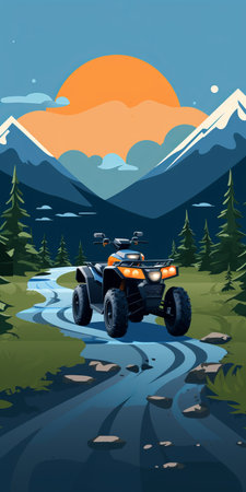 cute and minimalist orange atv driving through a blue-green forest in the rain. ultra-minimalist illustration with 4 spot colors: orange, dark orange, blue-green, and dark blue-green. exaggerated perspective and pop art style in a flat blue-green canvas. ai generatedの素材