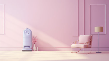 a vacuum cleaner sits on a pink wall, accompanied by a sofa. this 8k 3d-style photo captures dreamy and romantic compositions with asian-inspired elements. the minimalist background adds to the petcore aesthetic, while the monochromatic serenity enhances the overall atmosphere. the image evokes feelings of romance and nostalgia, making it perfect for those who appreciate these themes. ai generatedの素材