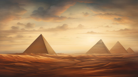 egypt's three pyramids stand tall against the stunning sunset, captured in a realistic landscape style with soft, tonal colors. the energy-filled illustration showcases realistic surrealism, relief, and mysterious symbolism, all in a uhd image with light gold and brown hues. ai generatedの素材