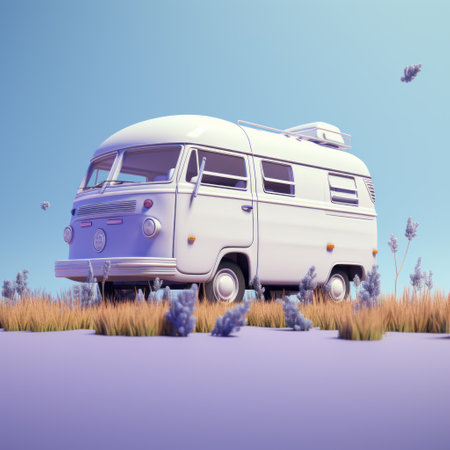 white vw van parked in tall grass, featuring detailed character design in the style of zbrush. this dynamic still life captures the essence of desertwave with soft, tonal colors. the realistic landscape sets the stage for an animated gif with a violet color palette. ai generatedの素材