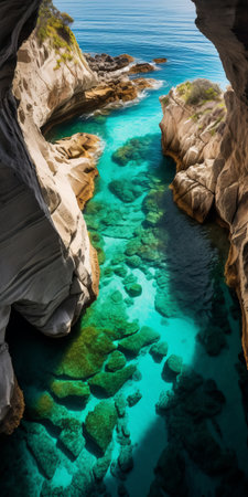 a national geographic photo showcasing the essence of nature with white cliffs, blue water, and a cave. the italian landscapes inspire the dark turquoise and bronze color palette, while the streamlined design highlights the beauty. experience the captivating light brown and emerald hues of this norwegian nature wonder. ai generatedの素材