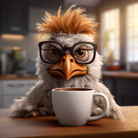 cartoon bird is depicted in a hyper-realistic style at the kitchen table, showcasing the innovative techniques of code-based creations by artist slawomir maniak. the depth of field adds to the realistic portrayal of the bird, making it an internet academia favorite. ai generatedの素材