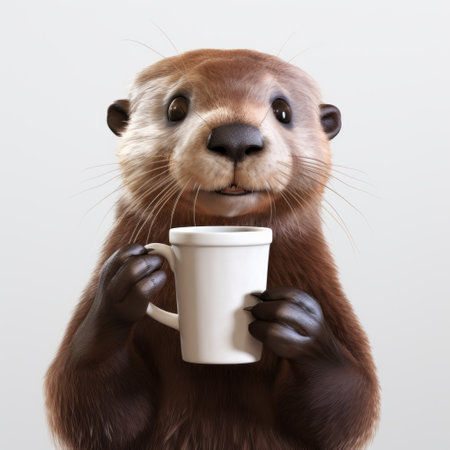 otter holding a hot coffee mug engages in conversation with people against a white background. this hyper-realistic scene, created in the style of unreal engine, sketchfab, and hyper-realistic oil, captures the otter's charming interaction amidst a pseudo-realistic setting. ai generatedの素材
