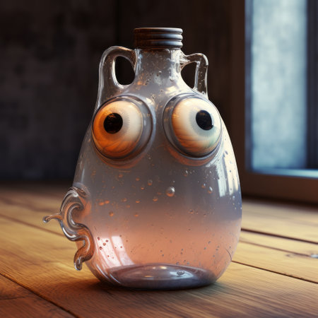 a quirky and cute tall, skinny bottle with numerous eyes is portrayed in this fascinating photo, rendered in cinema4d, reminiscent of the unique style of john wilhelm. trapped emotions are depicted through a fisheye lens, adding a captivating touch. the use of unreal engine 5 enhances the surreal atmosphere, while evoking the artistic influence of willem claesz heda. ai generatedの素材