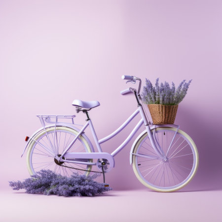 the white bicycle with a basket full of lavender flowers and two vases on a table is surrounded by a beautiful field of lavender. the subtle gradients and dreamlike imagery create a visual harmony, making it a playful and enchanting scene. this design is perfect for those who appreciate engineering, construction, and a touch of pink. ai generatedの素材