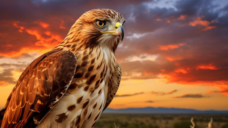 hawk in natural habitat during breathtaking sunset, showcasing intricate feather details and vibrant colors. utilizing hdr photography techniques to enhance lighting and create dynamic composition. ai generatedの素材