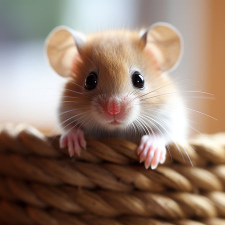 a white mouse perched on a wicker basket, surrounded by a blend of light crimson and brown hues. the blurred background adds an artistic touch to the image, while the mouse's shiny eyes captivate attention. shot with iso 200, this photo showcases the playful intricacy of the kimoicore and aurorapunk styles. ai generatedの素材