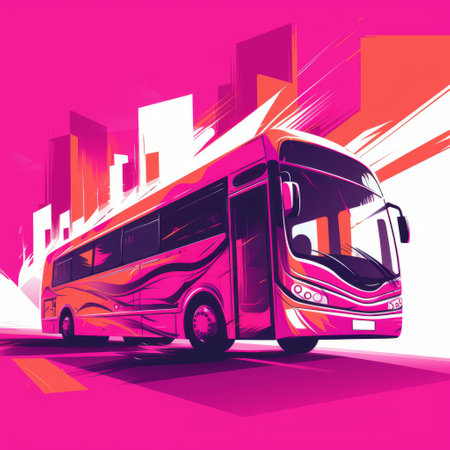 cityscape with an active bus, featuring a dynamic color palette of dark pink and orange. the editorial illustration showcases free-flowing lines and dynamic brushwork, creating a high-speed sync with dark pink and light azure tones. ai generatedの素材