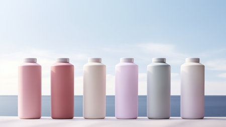 seven bottles of colorful cosmetics are placed in front of the ocean, creating a captivating contrast between vibrant hues and the serene backdrop. this minimalist composition, rendered in cinema4d, showcases the beauty of minimalist ceramics. the combination of light magenta and gray adds a touch of sophistication to this outdoor art installation, which seamlessly blends industrial and product design elements. ai generatedの素材