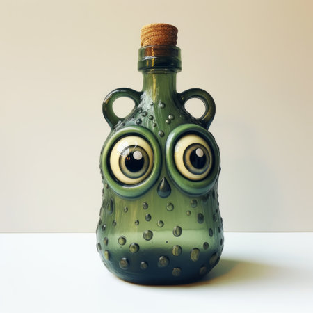 green bottle with owl head design, captured with toy camera effects, features organic biomorphic forms. the unique design reflects environmental awareness and artistic influences like wojciech siudmak and charles schulz. this image is reminiscent of the rollei prego 90 camera style. ai generatedの素材