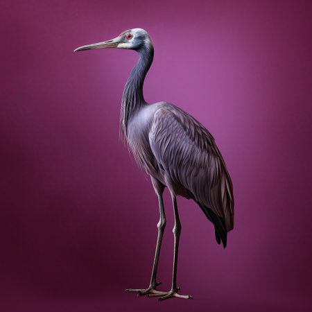 the bird stands on a purple background in this hyperrealistic animal portrait. the dark pink and gray colors create a minimal, exotic feel. the photographically detailed portrait captures the bird's colorful animations, reminiscent of shang dynasty art. ai generatedの素材