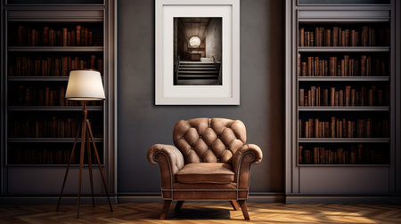 the corner photo ii showcases a bookshelf gallery frame by joana doreen. with soft, atmospheric lighting and a classic composition, this piece exudes the essence of swiss realism. the industrial machinery aesthetics blend seamlessly with the classical academic painting style. in white and brown hues, this uhd image captures every intricate detail. ai generatedの素材