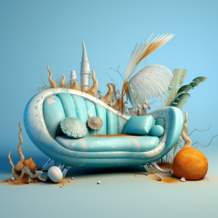 an animated sofa adorned with sea creatures, combining realism and surrealistic elements. the vibrant colors of light cyan and orange complement the lush baroque still lifes and organic sculptures. this fantasy illustration features surrealistic elements in white and blue, creating a captivating visual experience. ai generatedの素材