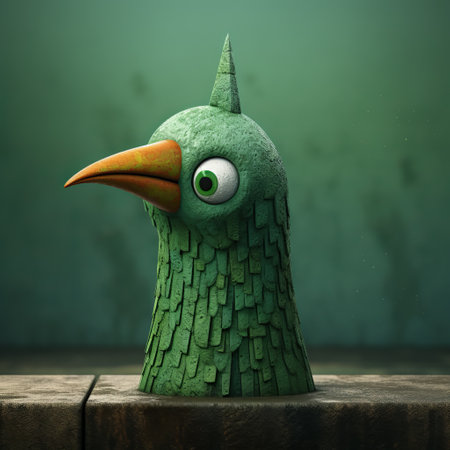 green bird perched on a stone, rendered in cinema4d style. playful caricatures by jacek szynkarczuk with gritty textures and cartoonish character design. low depth of field adds a unique touch to the image. ai generatedの素材