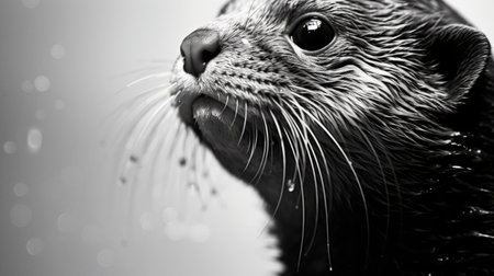 a small otter is captured in portrait camera view, showcasing black and white realism. this high-resolution 8k image exhibits striking contrast with water drops glistening on the otter's fur. the photograph, created by tim hildebrandt, reflects a detail-oriented approach reminiscent of the works of serge marshennikov. ai generatedの素材