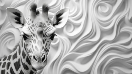 a hyper-detailed rendering of a giraffe in black and white, with swirling patterns in the background. this high-quality photo showcases the intricate sculpting and realistic porcelain-like texture. the melting effect adds a unique touch to this cinema4d-style wallpaper. ai generatedの素材