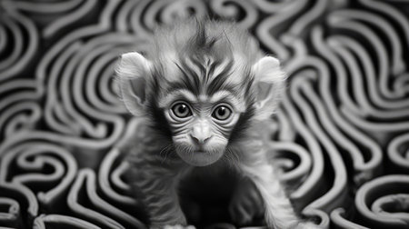 a very small baby monkey captured in a swirling frame, showcasing the artistic style of black and white portraits. this mesmerizing photo, created with vray tracing, features the unique talent of alex petruk ape. the mind-bending patterns add an intriguing touch to this depiction of animals, perfectly blending with the junglepunk aesthetic. ai generatedの素材