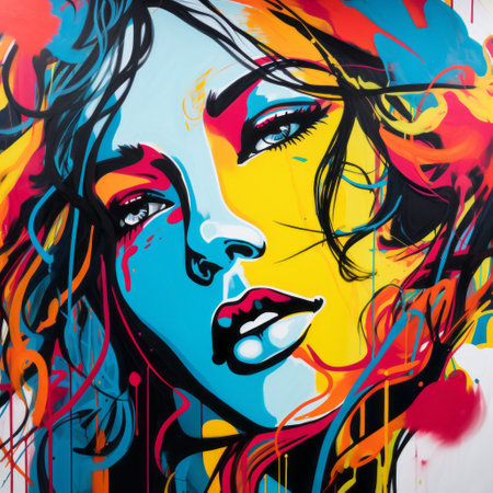 female abstract painting in street art graffiti style by david walker. the piece features vibrant paint strokes in cyan and amber hues, with the artist's signature paint dripping technique adding a detailed perfection to the work. the female subject has a serene expression, creating a romantic graffiti vibe. ai generatedの素材