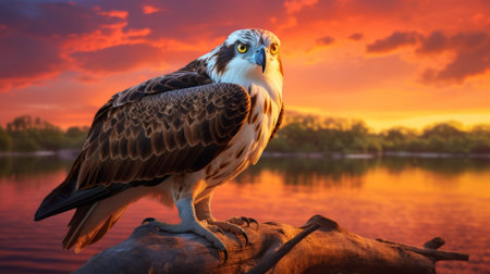 a majestic osprey gracefully perched in its natural habitat, illuminated by the captivating hues of a breathtaking sunset. this stunning image captures the intricate details of the bird's feathers against the vibrant backdrop of its surroundings. hdr photography techniques enhance the lighting, resulting in a dynamic composition that mesmerizes the viewer. ai generatedの素材