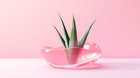 miniature green planter with a flower in a pink bowl and translucent water, rendered in sharp and edgy compositions using glass as material. this futuristic digital art style is reminiscent of the works of mike campau and dino valls. the pink background pops against the white backdrop, creating a stunning visual contrast. keywords: miniature planter, green, flower, pink bowl, translucent water, glass material, sharp, edgy,の素材