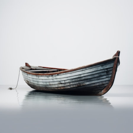 wooden boat on glass surface in minimalistic style. dark silver and white tones. high-resolution image by john wilhelm and bertil nilsson. raw and unpolished aesthetic with anti-clutter and minimalist design. ai generatedの素材