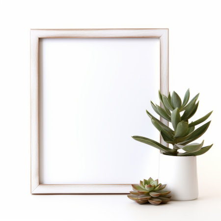 a stunning white-framed still life photograph featuring a beautiful plant with ample white space for customization. this meticulously designed piece boasts photorealistic details, subtle color variations, and sharp, prickly textures. the light brown and green hues create a unique and one-of-a-kind image that is sure to impress. perfect for adding a touch of natural beauty to, ai generatedの素材