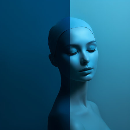 a 3d female mannequin in a light blue and yellow dress stands out against a dark and dramatic chiaroscuro background. the split toning adds depth to the monochromatic serenity of the image. this close-up photo, taken with a nikon d750, captures the raw versus finished aesthetic with minimalist backgrounds. ai generatedの素材