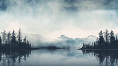 reflection of water and trees in a layered and atmospheric landscape, featuring mountainous vistas with dark, white, and light cyan tones. the image captures the whistlerian, smokey background and textured effects, creating a serene and natural ambiance. ai generatedの素材