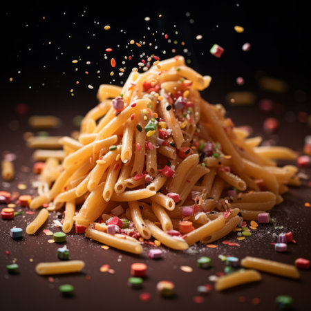 a pile of pasta, sprinkles, and fondue arranged in the style of impressionist light effects. this 8k resolution photo was processed using darktable and features elements reminiscent of giuseppe arcimboldo's work. motion blur adds a dynamic feel while chalk-like textures create depth. the color palette includes light red and gold hues. keywords: pasta, sprinkles, fondue, impressionism, darktable, 8k resolution, giuseppe arcimboldo, motion blur, chalk, lightの素材