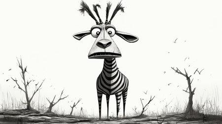 a zebra stands gracefully amidst a lush backdrop of trees. this captivating image captures the essence of inventive character designs and monochrome portraits. the playful animation brings out the zebra's strong facial expression, while the high level of detail showcases the intricate artwork created using insects, forming spiky mounds. ai generatedの素材