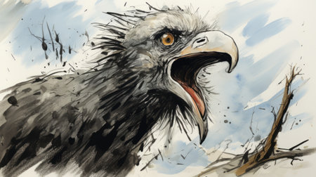 an eagle soars through the sky in this aggressive digital illustration, showcasing dynamic and exaggerated facial expressions. the ink wash painter style adds character to the animal portrait, with jagged edges enhancing its intensity. this artwork draws inspiration from frostpunk, resulting in a captivating depiction of a powerful and majestic bird in flight. ai generatedの素材