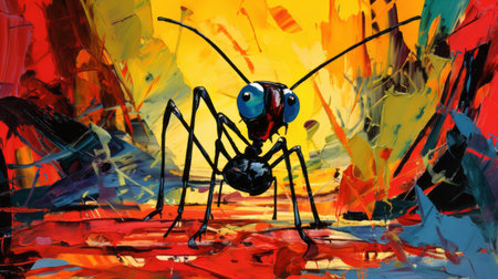 ant with big blue eyes standing in front of a colorful background, reminiscent of dmitry spiros' dynamic action painting. the loose, painterly style captures the chilling creatures made of insects. complementary colors add depth to the image, while ed brubaker's influence is evident in the composition. ai generatedの素材