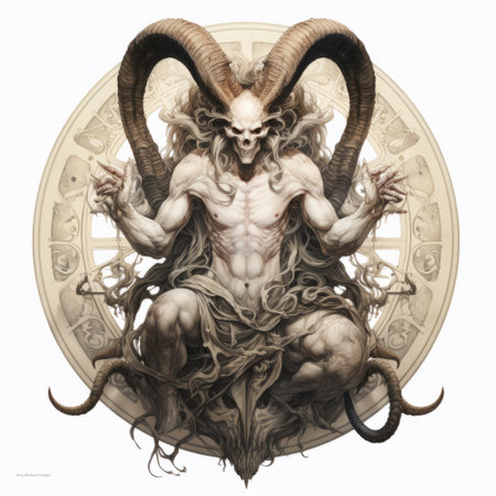 demon clock with horns, fantasy style illustration, layered imagery, subtle irony, white and beige, hyper-detailed, symmetrical chaos, editorial illustration. ai generatedの素材