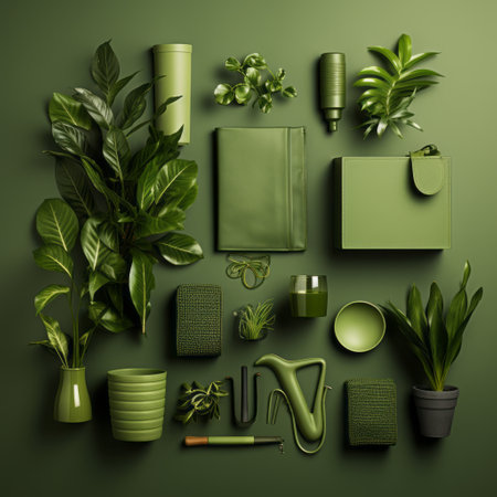 office accessories in green color are showcased on a 3d rendered green background. the style is inspired by organic forms with muted tones and highly detailed foliage. the moody colors and minimalist photography capture a rich tonal palette, reminiscent of the 1970s to present. ai generatedの素材
