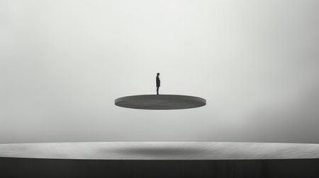 senior standing on slender platform, suspended high above ground, surrounded by surreal, minimalist environment. utilizes minimal color palette, featuring shades of gray and single striking accent color, to emphasize stark contrast between figure and surrounding space. evokes sense of isolation, contemplation, and exploration of one's own existence within vast and empty universe. ai generatedの素材