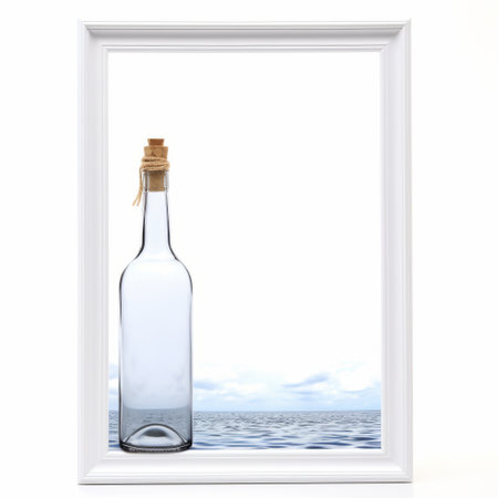 art bottle with a message, featuring a realistic marine painting style. the composition showcases asymmetrical framing and minimalist backgrounds in light white and light indigo hues. this captivating photo, reminiscent of windows vista, is a perspective rendering that captures the essence of an associated press image. ai generatedの素材