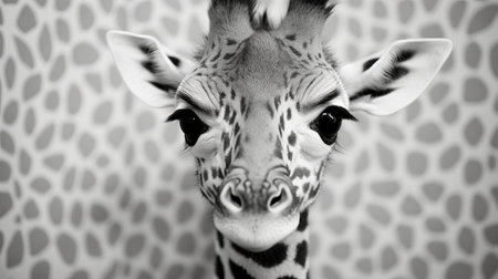 a black and white image featuring a giraffe with a strong facial expression. this adorable and dreamy photo, captured in 8k resolution, resembles the artistic styles of anne geddes and lisa frank. the image, reminiscent of national geographic photos, beautifully captures the giraffe's intricate features and evokes a sense of awe and wonder. ai generatedの素材