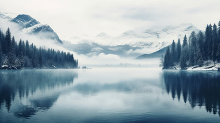 snowy mountain scenery in the mist, showcasing calm waters and a blend of dark white and light cyan hues. the serene atmosphere creates a pensive stillness, with romantic riverscapes adding to the panoramic scale. immerse yourself in this tranquil scene, where the focus lies on the mesmerizing atmospheric effects and symmetrical composition. ai generatedの素材