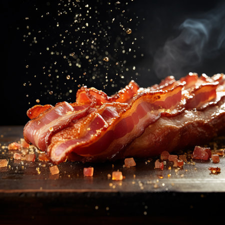 a strip of bacon rests on the table, adorned with glimmering light effects. this weathercore-inspired photo merges natural and man-made elements, creating a pop-culture-infused scene reminiscent of whistlerian and kerem beyit artworks. the smokey background adds depth to this captivating image. ai generatedの素材