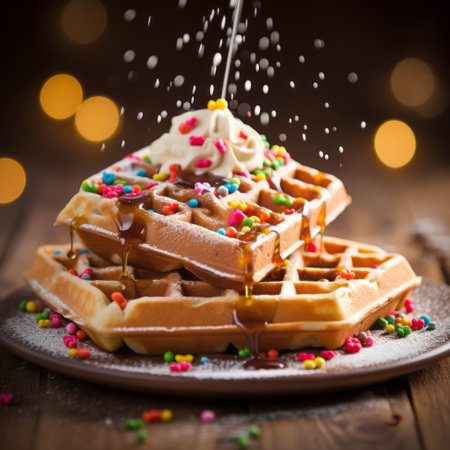 waffles with sprinkles and cream are beautifully arranged on a table in a kitchen, captured in the dynamic and action-packed style of caras ionut. this uhd image features chromatic aberration, confetti-like dots, and a burst of chromatic joy that rudolph belarski would appreciate. keywords: waffles, sprinkles, cream, kitchen, caras ionut, chromatic aberration, uhd, rudolph belarski, confetti, dynamic, action-packed, chromatic joy. ai generatedの素材