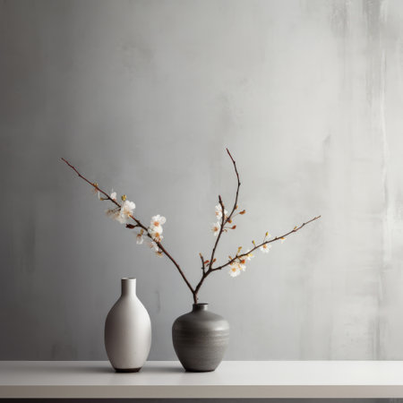 vases on table with flower branches against a concrete wall, showcasing minimalistic japanese style. uhd image by nathan wirth captures muted tonality and light gray hues. asian-inspired decor creates a sparse and simple ambiance. ai generatedの素材