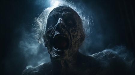 kathy kabash's harrowing story with an insane ghost is rendered in cinema4d with a smokey background and ethereal light effects. the image features zombiecore elements, a dark sky-blue color palette, and dynamic, exaggerated facial expressions. the overall effect is enhanced by a dramatic lens flare. ai generatedの素材